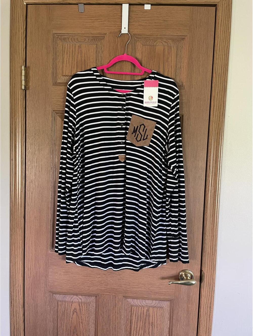 MarleyLilly black & white stripe with contrasting monogram faux pocket & elbows
